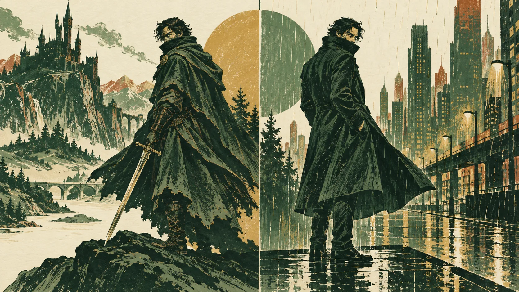 The Invariance Rule: dual mirror split between a medieval guardian and a modern urban detective
