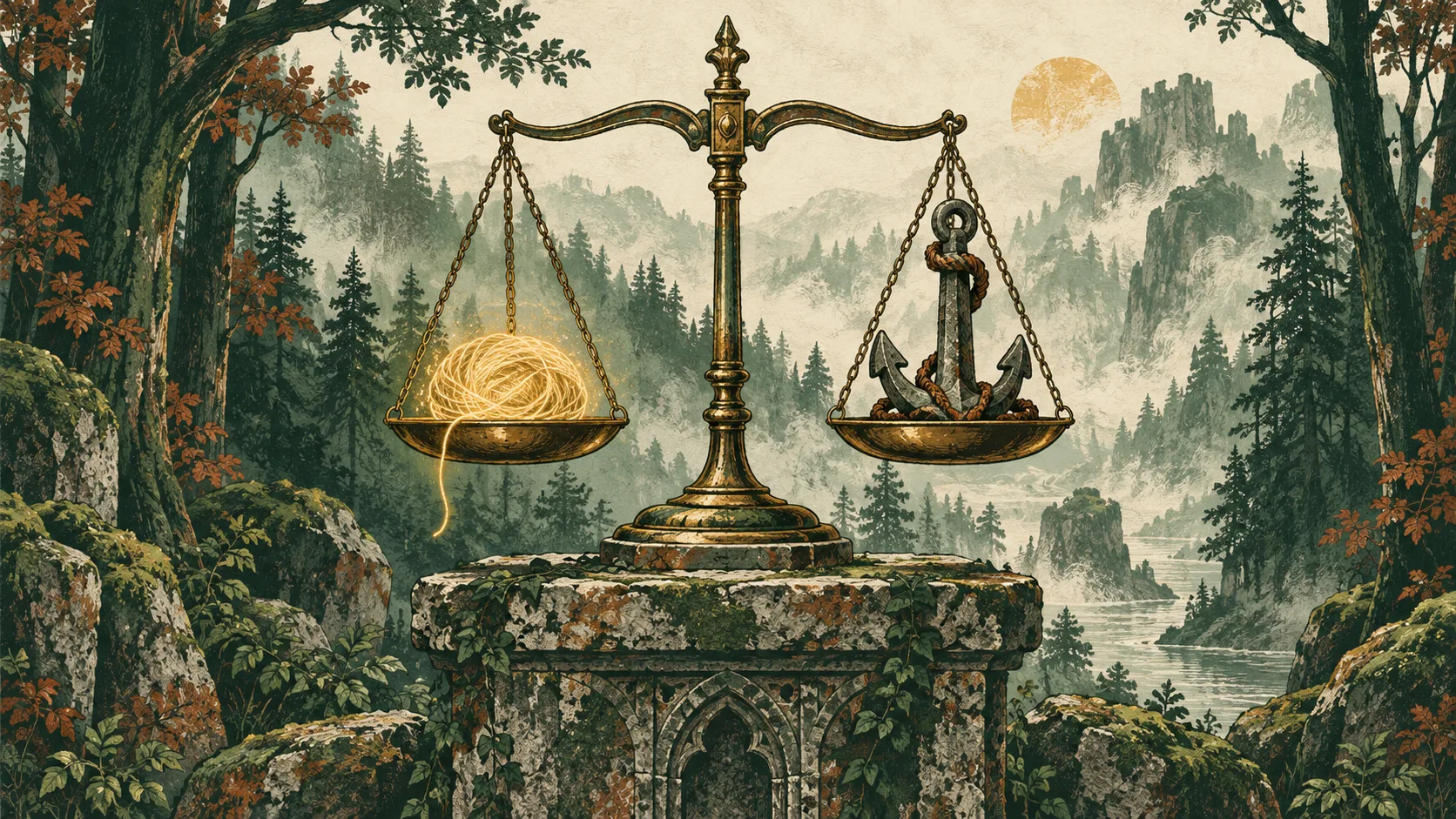 Narrative pain conservation: balanced brass scales weighing averted tragedy against irreversible cost