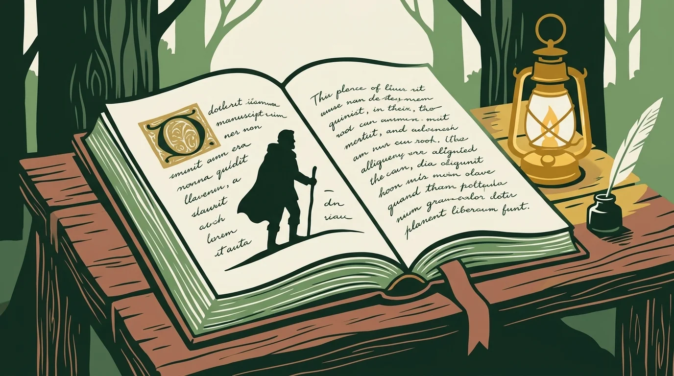 The art of the canon gap: an antique open manuscript with a solitary traveler in negative space